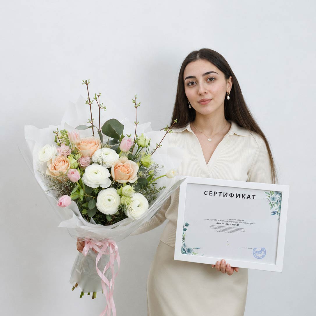 Выпускница курса флористики КраснодарФлоры с авторским букетом и сертификатом «Мастер-флорист»