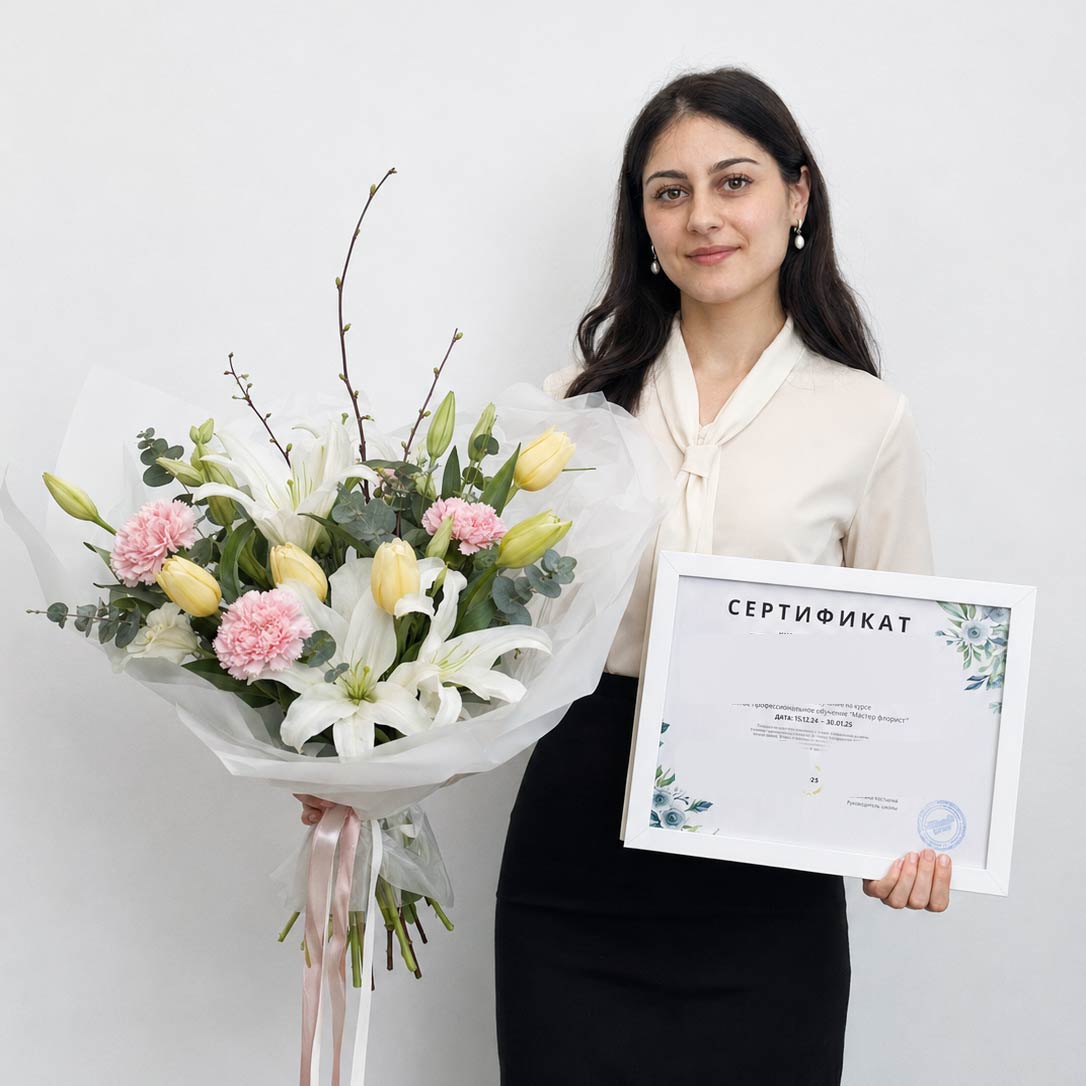 Выпускница курса флористики КраснодарФлоры с собранным букетом и сертификатом