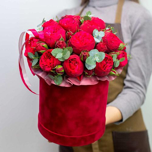 Шляпная коробка из 19 красных пионовидных роз